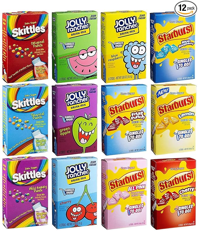 SINGLES TO GO! Sugar Free Variety Pack of Water Enhancers - Skittles, Starburst and Jolly Rancher Drink Mix Variety - 0.57 Ounce (Pack of 12)