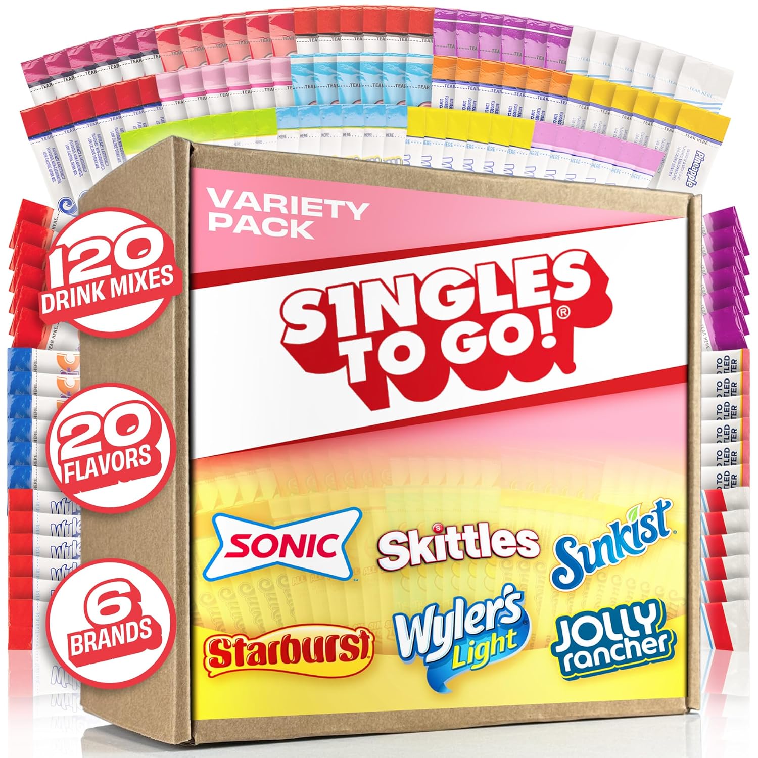 Singles To Go! 120ct Bulk Variety Pack - 20 Different Flavors from Skittles, Sonic, Sunkist, Starburst and More of Your Favorites - Sugar Free Drink Mix Packets