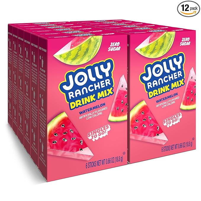 Jolly Rancher Singles To Go Powdered Drink Mix, Watermelon, 12 Boxes with 6 Packets Each - 72 Total Servings, Sugar-Free Drink Powder, Just Add Water, 0.66 Ounce (Pack of 12)